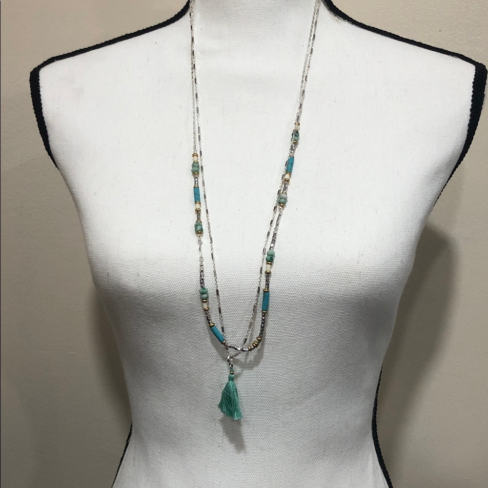 Stella & Dot Costa Tassel Turquoise and Gold Tassel Necklace